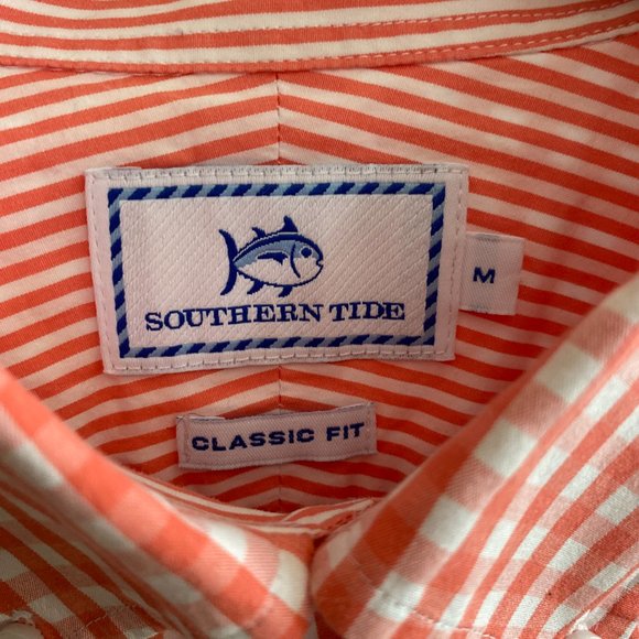 Southern Tide Gingham Contrast Cuff Button Up Shirt Coral Preppy Coastal-M - Picture 11 of 13